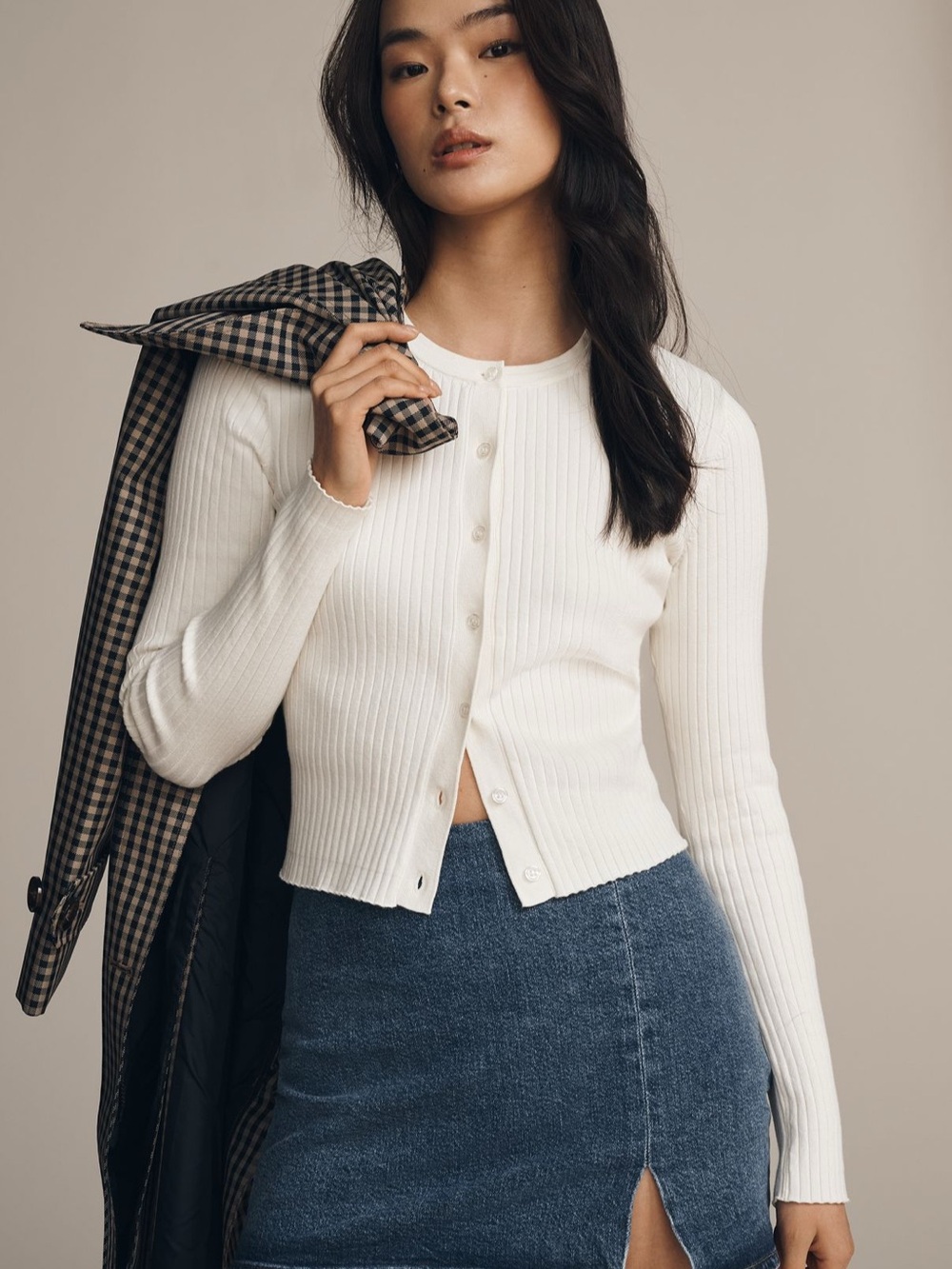 Reformation Cream Ribbed Button-Up Cardigan